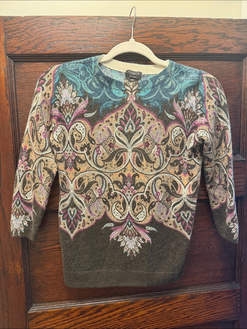 Talbots Multicolor Paisley Crewneck Sweater - Cashmere, Teal, Pink & Brown